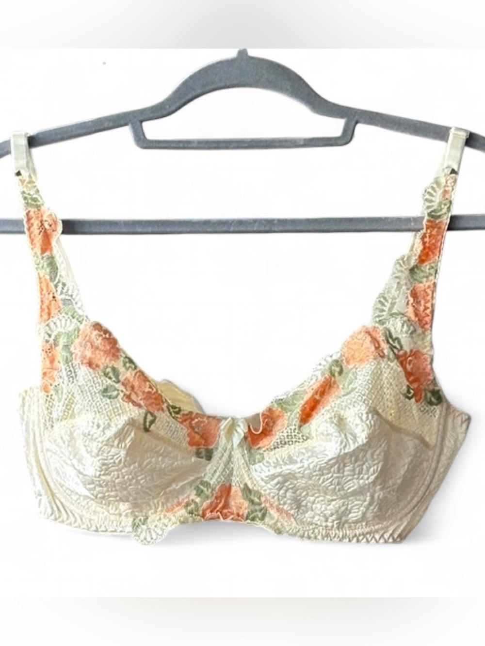 Vintage Spiegel Cream Satin Underwire Floral Embroidered Bra Size 38C
